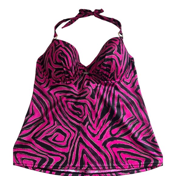 Ambrielle Halter Style, Black, Pink With Gold Glitter Tankini Swimsuit Top, 38C - Picture 1 of 8